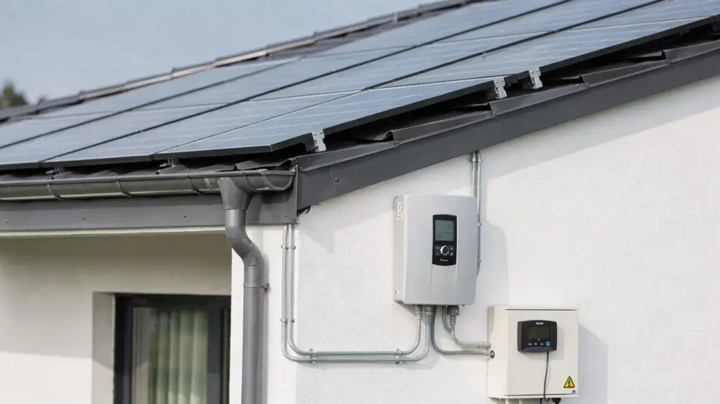 PV-Netzeinspeisung: Wie Solarstrom netzkonform eingespeist wird PV-Netzeinspeisung mit Solarmodulen, Wechselrichter und Stromzähler in einem technischen Umfeld