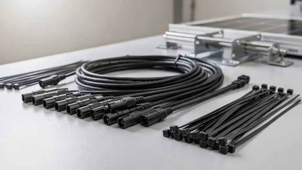 PV-Kabel: Welche Kabel sind für Photovoltaikanlagen geeignet? PV-Kabel und Steckverbinder auf einer Werkbank für Photovoltaikanlagen