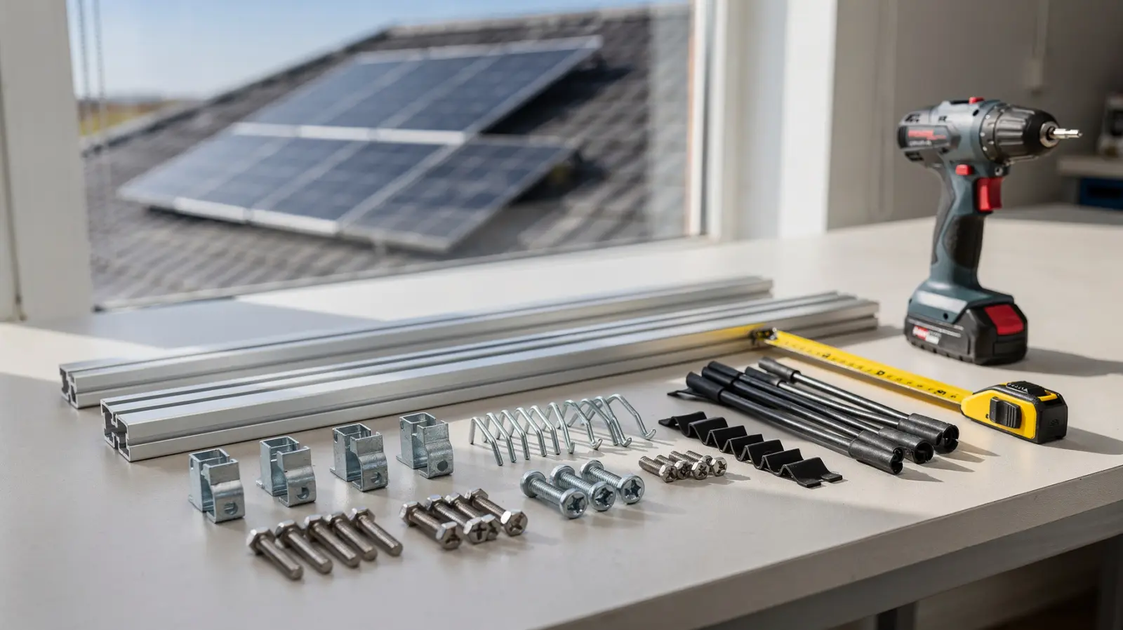 PV-Montageset mit Schienen, Klemmen, Schrauben und Werkzeug für die DIY-Montage einer Solaranlage