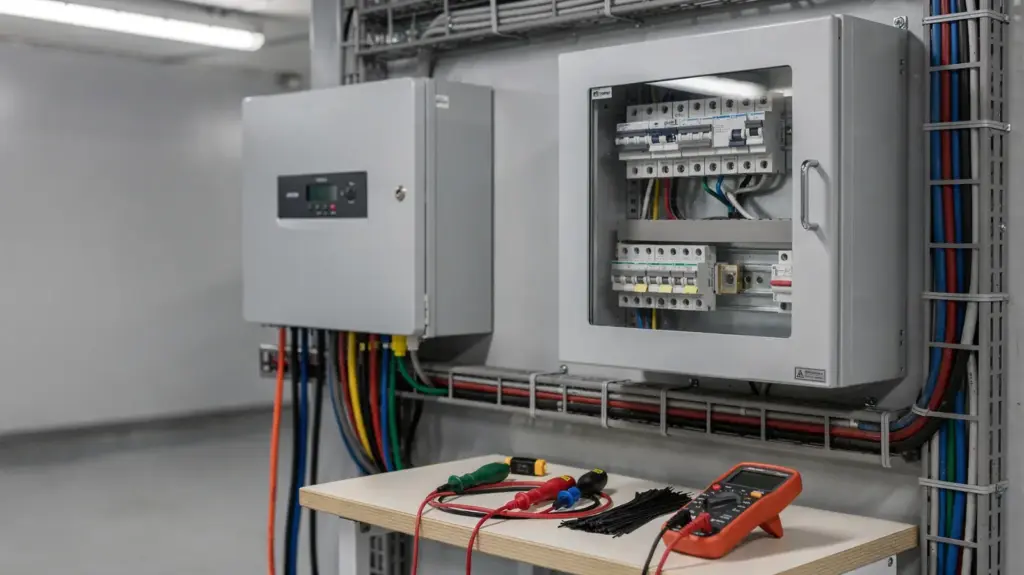 PV-Netzanschluss: Anforderungen, Ablauf, Kosten und Prüfung PV-Netzanschluss mit Wechselrichter, Zählerschrank und Leitungen bei der technischen Prüfung
