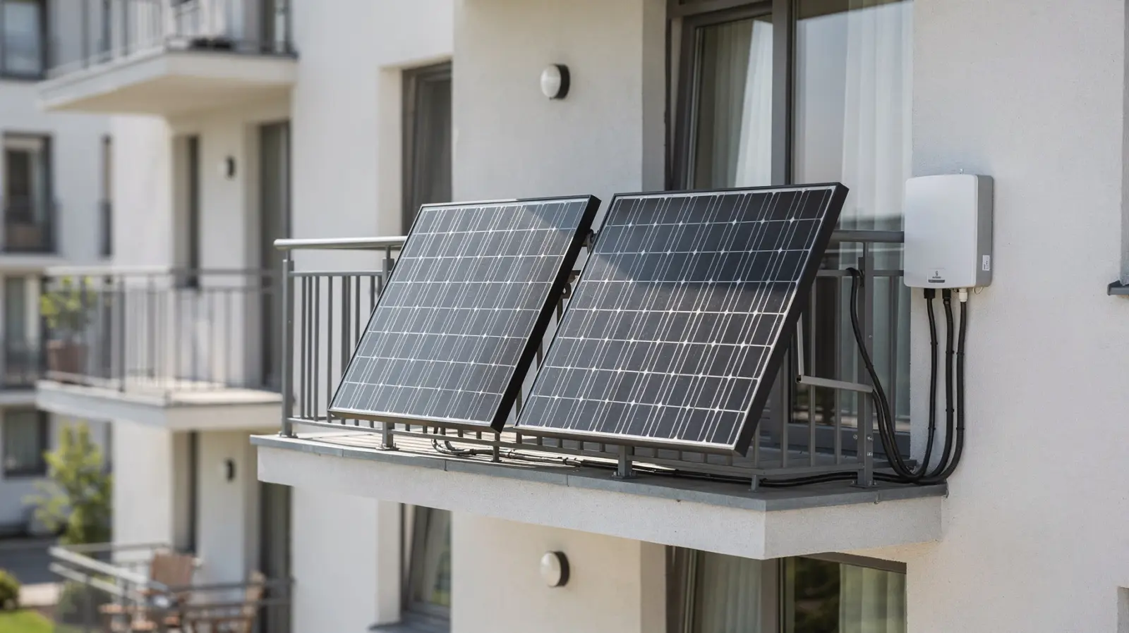 Balkonkraftwerk auf einem Balkon mit Solarpanels und Wechselrichter zum Thema Mini-PV und Rentabilität
