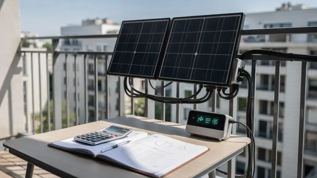 Balkonkraftwerk Amortisation: Wie schnell sich Mini-PV rechnet Balkonkraftwerk auf einem Balkon mit Rechner und Energieanzeige zur Amortisation von Mini-PV