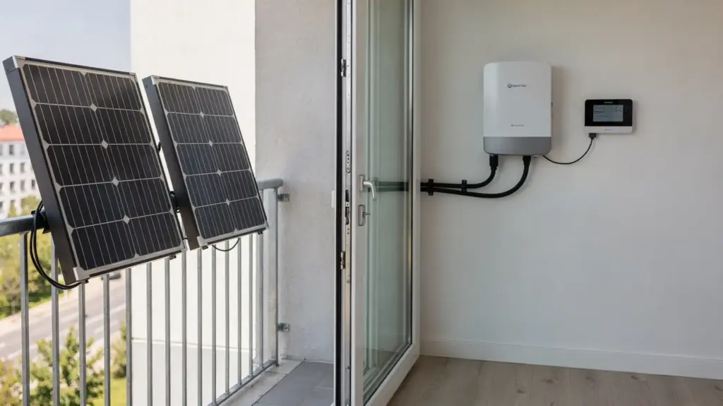 Balkonkraftwerk-Eigenverbrauch erhöhen: So nutzen Sie mehr Solarstrom direkt im Haushalt Balkonkraftwerk auf dem Balkon mit Wechselrichter und Energiemonitor zur Erhöhung des Eigenverbrauchs