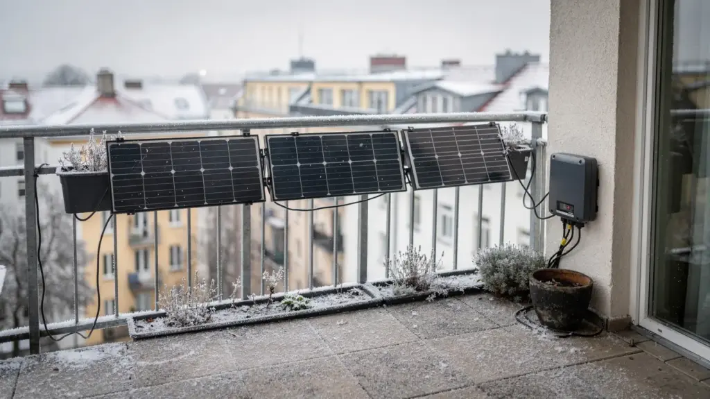 Balkonkraftwerk im Winter mit Solarmodulen am Balkongeländer und leichtem Frost
