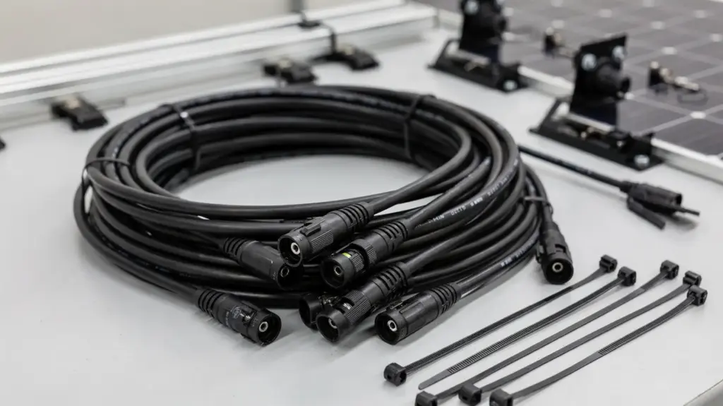 PV-Kabel: Welche Kabel sind für Photovoltaikanlagen geeignet? PV-Kabel und Steckverbinder auf einer Werkbank für Photovoltaikanlagen