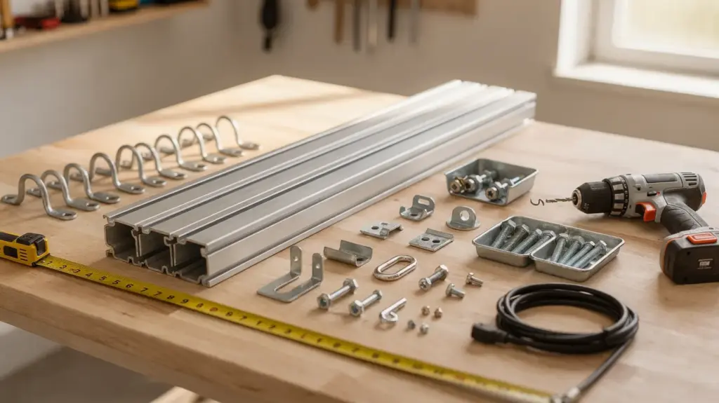 PV-Montageset: Was gehört für die DIY-Montage wirklich dazu? Geordnetes PV-Montageset für die DIY-Montage mit Schienen, Klemmen, Schrauben und Werkzeug auf der Werkbank.