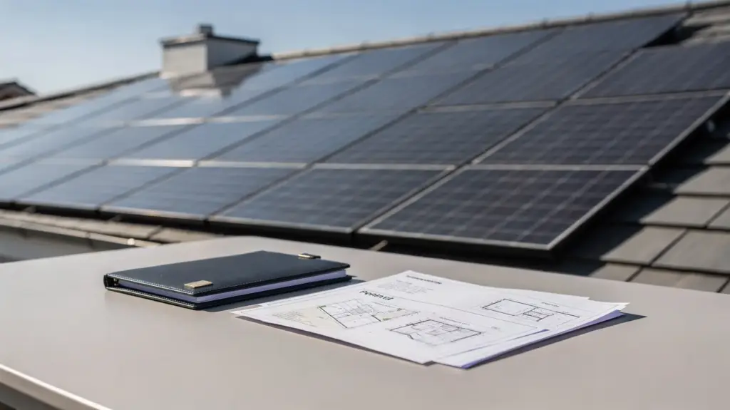Solaranlage genehmigen: Wann Sie eine Genehmigung brauchen und wann eine Anmeldung reicht Rooftop-Solaranlage mit Unterlagen zur Genehmigung und Anmeldung