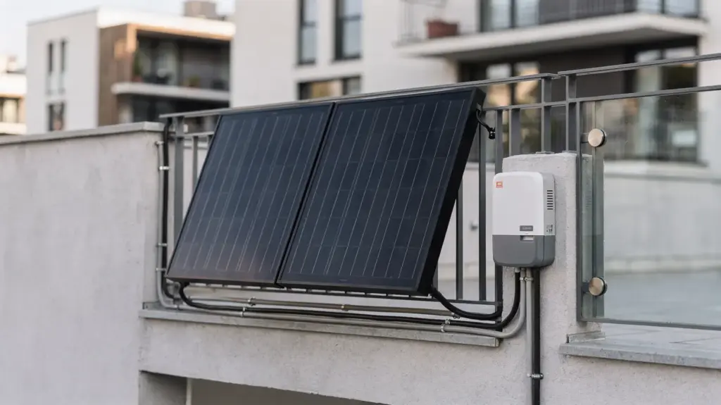 Balkonkraftwerk rentabel: Wann lohnt sich die Mini-PV finanziell? Balkonkraftwerk auf einem Balkon mit Solarpanels und Wechselrichter zum Thema Mini-PV und Rentabilität