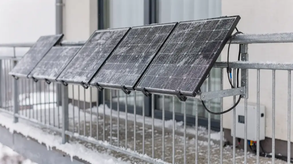 Balkonkraftwerk im Winter mit Solarmodulen am Balkongeländer und leichtem Frost