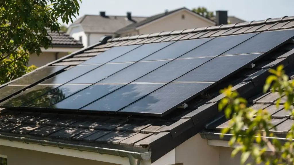 PV-Verschattung: Ursachen, Folgen und Schutz für den Solarertrag PV-Anlage auf einem Dach mit teilweiser Verschattung durch Bäume und ein Nachbargebäude