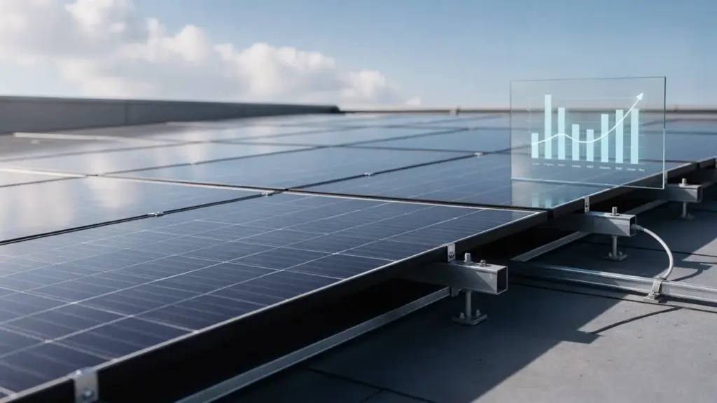 Spezifischer Ertrag bei PV: Bedeutung, Berechnung und gute Richtwerte Photovoltaikanlage auf dem Dach mit Monitoring für den spezifischen Ertrag bei PV