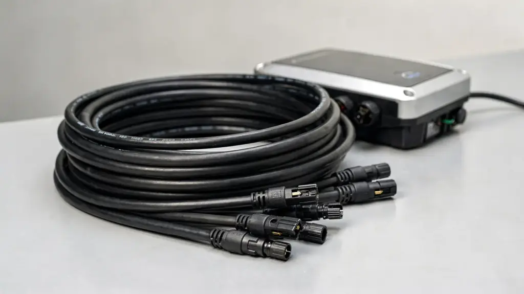 Solarkabel kaufen: Woran Sie empfehlenswerte Kabel erkennen Solarkabel und Steckverbinder auf einem Arbeitstisch für den Artikel zum Solarkabel kaufen