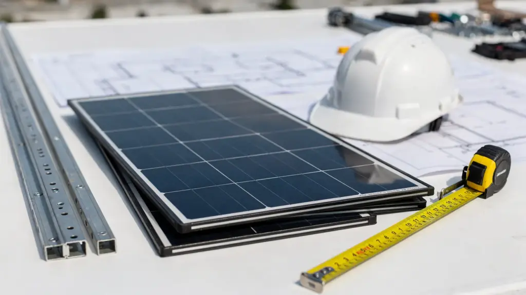 Solaranlage-Montage planen: Solarmodule, Montageschienen und Messwerkzeug für eine PV-Installation