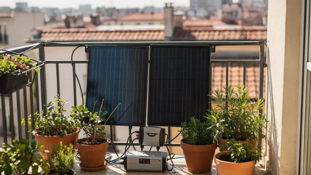 Balkonkraftwerk auf dem Balkon mit Teilverschattung durch Geländer und Pflanzen