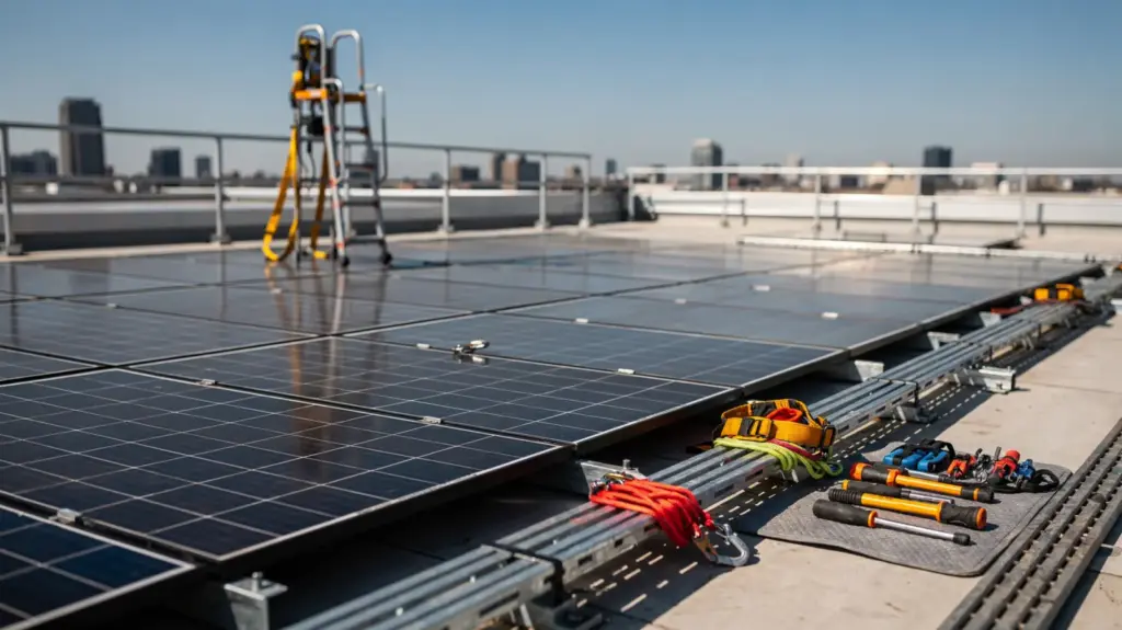 PV-Montage Sicherheit: Maßnahmen, Absturzschutz, elektrische Gefahren und Prüfungen PV-Montage-Sicherheit auf einem Dach mit Absturzschutz, Elektro-Werkzeugen und Solarmodulen