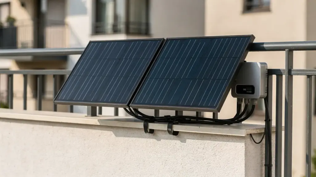 Zwei Solarmodule an einem Balkonkraftwerk auf dem Balkon eines Wohnhauses