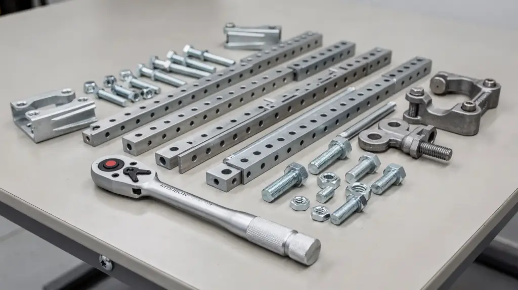 Montagesystem Erfahrungen: Welche Systeme wirklich robust sind Montagesysteme mit Metallbrackets, Schienen und Werkzeug auf einer Werkbank für den Artikel über Montagesystem Erfahrungen