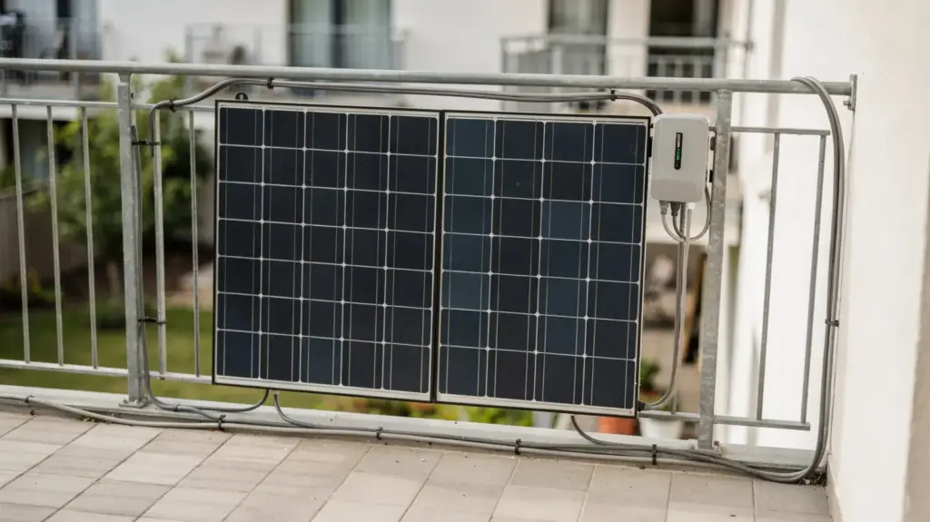 Balkonkraftwerk Erfahrungen: Was im Alltag wirklich zählt Balkon mit montiertem Balkonkraftwerk aus Solarmodulen und Wechselrichter im Alltag