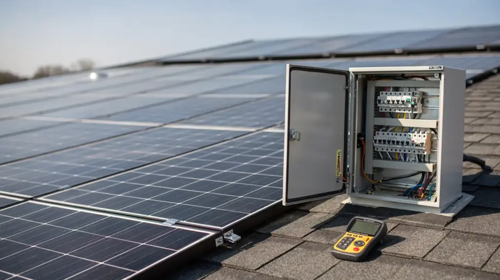 PV Inbetriebnahme: Erfahrungen, Ablauf und Aufwand realistisch einschätzen Techniker bei der PV-Inbetriebnahme auf einem Hausdach mit Solarmodulen und Messgerät