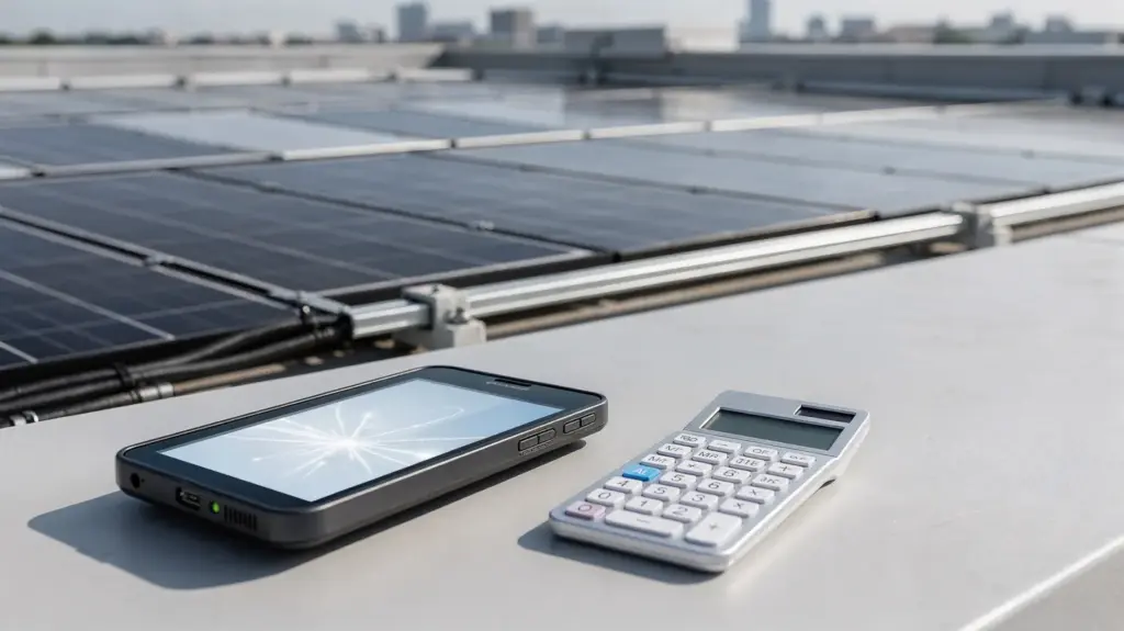 PV-Amortisation Erfahrungen: Wie zuverlässig sind Rechnungen in der Praxis? PV-Anlage mit Solarmodulen, Monitoring-Gerät und Taschenrechner zur PV-Amortisation