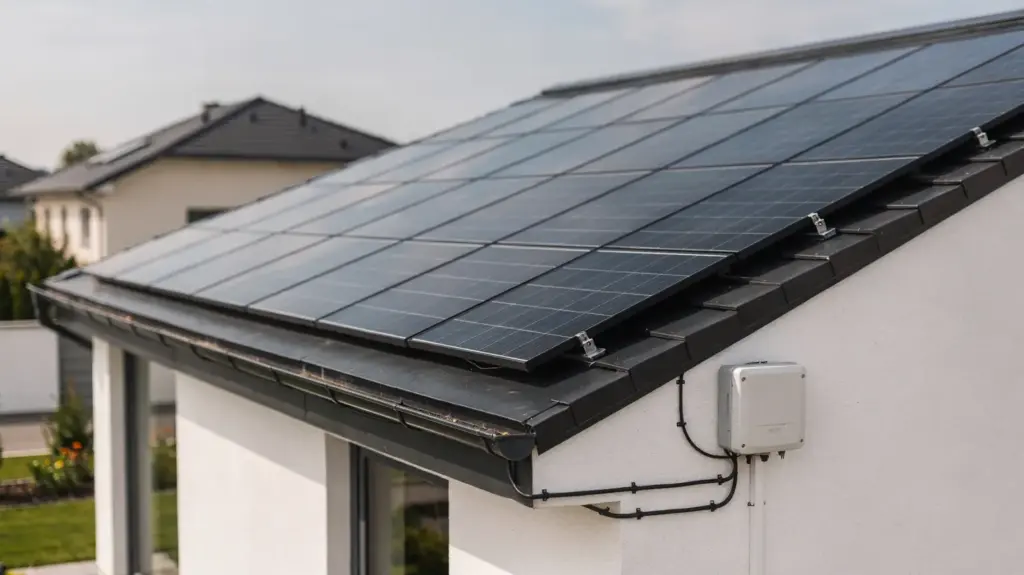 Was kostet eine Solaranlage für ein Einfamilienhaus? Solaranlage auf Einfamilienhaus mit Dachmodulen und Wechselrichter