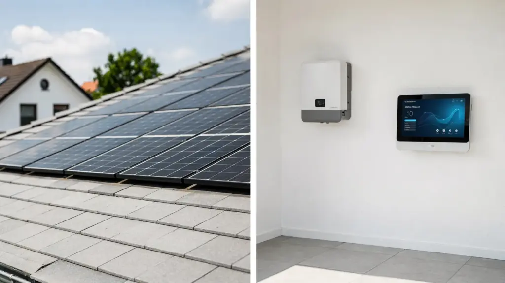 KfW-Förderung für Photovoltaik: Welche Förderung wirklich relevant ist Photovoltaikanlage auf einem Hausdach mit Wechselrichter für KfW-Förderung für Photovoltaik