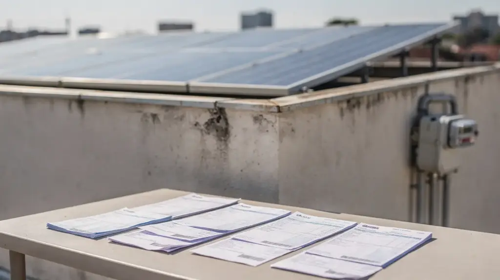 Wie beeinflusst der Strompreis die Wirtschaftlichkeit einer Solaranlage? Solaranlage auf dem Dach neben Stromzähler und Rechnungen zur Wirtschaftlichkeit einer Solaranlage