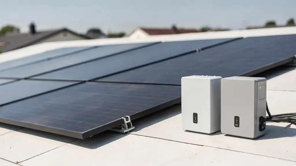 Solarspitzengesetz: Welche Auswirkungen auf Photovoltaikanlagen, Vergütung und Eigenverbrauch? Photovoltaikanlage auf dem Hausdach mit Wechselrichter und Energiemanagement zum Solarspitzengesetz