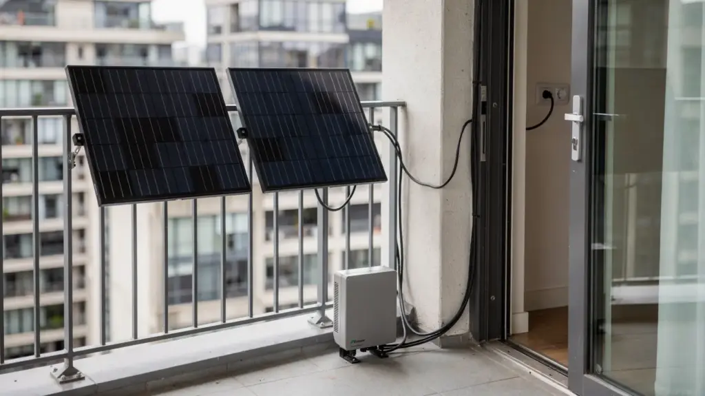 VDE-Norm für Balkonkraftwerk: Welche Regeln für Steckersolar gelten Balkonkraftwerk mit Solarmodulen am Balkon und Wechselrichter zur VDE-Norm für Steckersolar