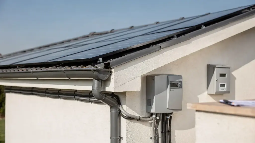 PV-Anlage anmelden: Welche Kosten für Anmeldung und Netzanschluss entstehen? PV-Anlage auf Hausdach mit Wechselrichter und Anschlusskasten zur Anmeldung und Netzanschluss-Kosten