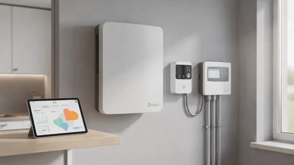 Stromspeicher, Wechselrichter und Smart Meter in einem Hauswirtschaftsraum für die Steuerung des Eigenverbrauchs