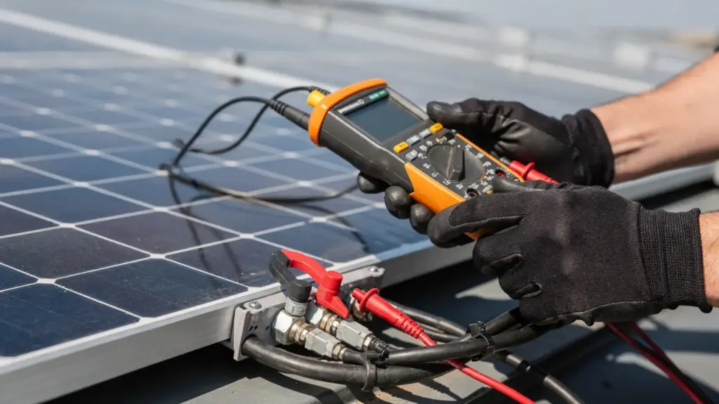Stringspannung und Verschattung prüfen: So erkennen Sie Fehler im PV-String Techniker prüft Stringspannung und Verschattung an einer PV-Anlage mit Messgerät und Solarmodulen.