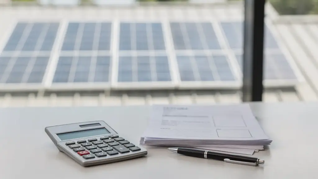 Solarkredit-Laufzeit: Welche Laufzeiten sinnvoll sind und wie sie die Rate beeinflussen Solarkredit-Laufzeit: Dach mit Solarmodulen und Rechenunterlagen zur Finanzierung
