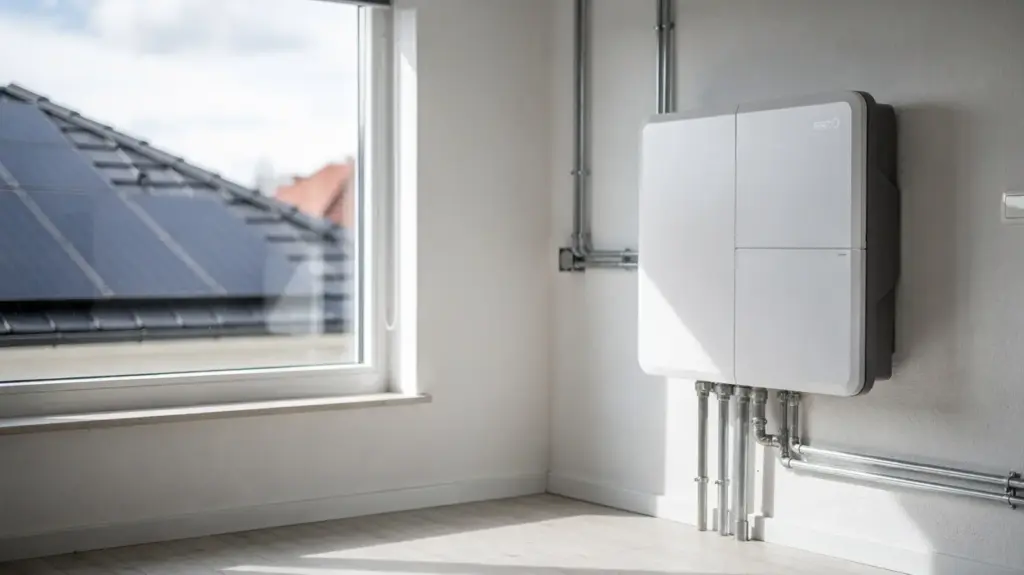 Stromspeicher Kosten: Was ein Batteriespeicher zusätzlich zur Solaranlage kostet Batteriespeicher neben Solaranlage in einem Hauswirtschaftsraum zum Thema Stromspeicher Kosten