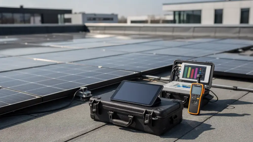 Techniker berechnet den Solarertrag einer Photovoltaikanlage auf einem Hausdach