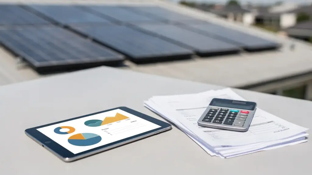 Amortisation Solaranlage berechnen: So ermitteln Sie die Amortisationszeit Solaranlage auf einem Hausdach mit Tablet und Unterlagen zur Amortisationszeit