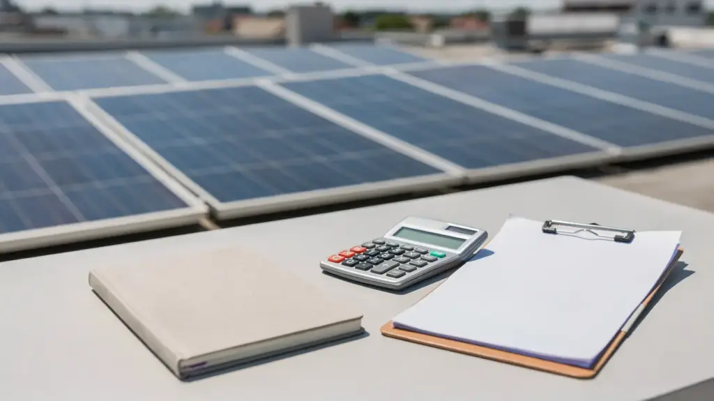 Solaranlage Rendite berechnen: So kalkulieren Sie Rentabilität, Ertrag und Amortisation Solaranlage mit Taschenrechner und Notizblock zur Renditeberechnung von Ertrag und Amortisation