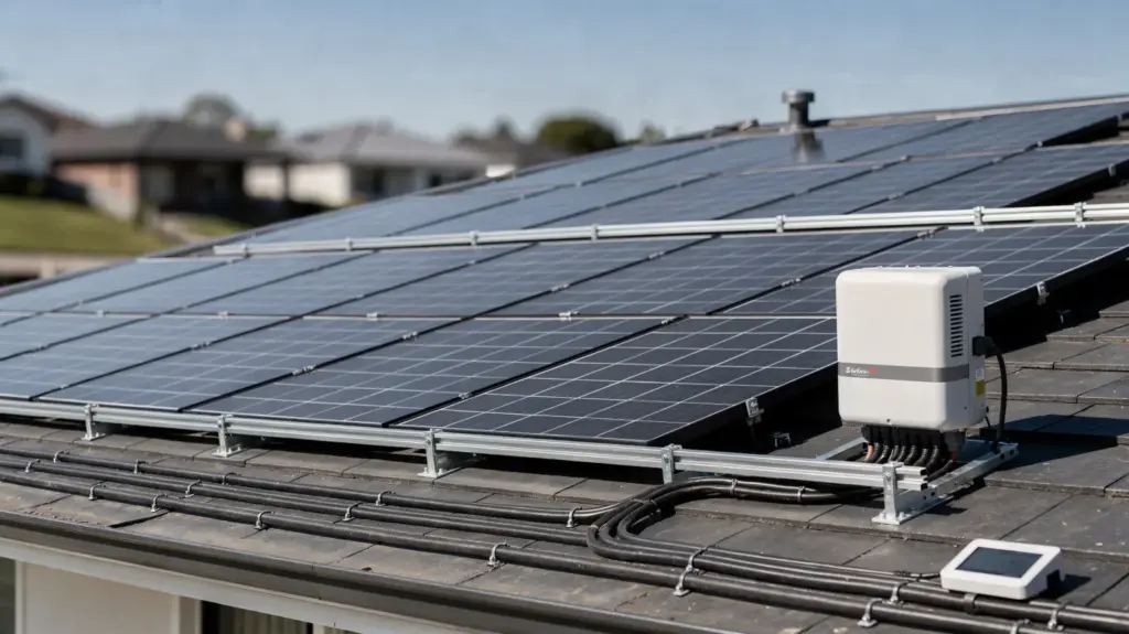 Solaranlage-Komplettset Erfahrungen: Wie Komplettsets in der Praxis abschneiden Solaranlage-Komplettset auf einem Hausdach mit Solarmodulen, Wechselrichter und Montagezubehör