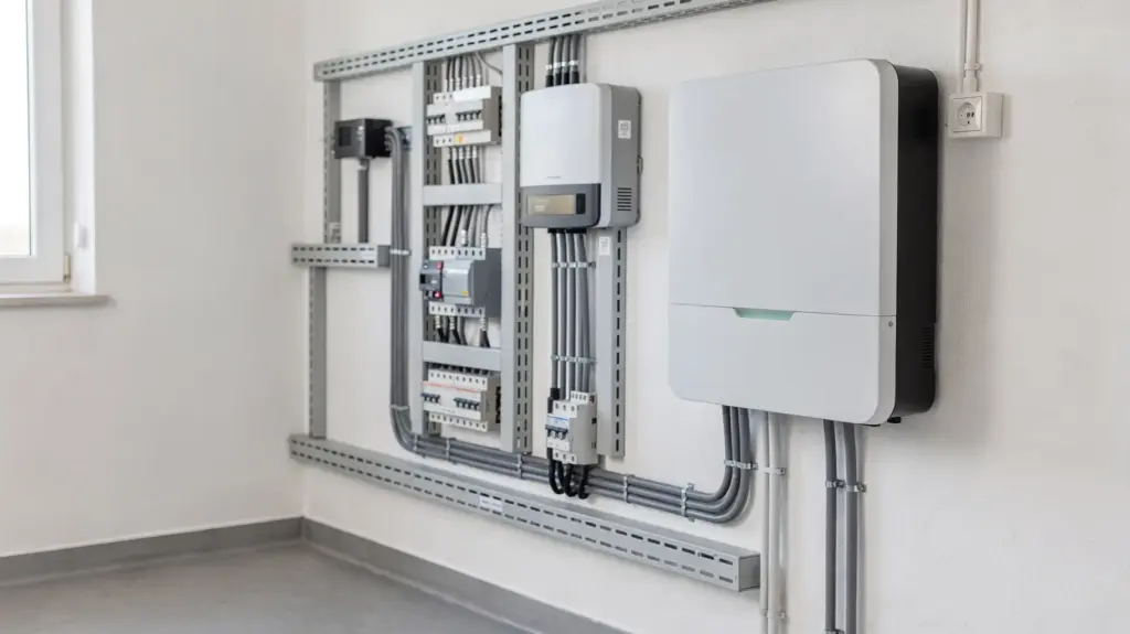 Stromspeicher für PV-Anlagen: So finden Sie die passende Größe und Technik Stromspeicher für PV-Anlagen in einem Hauswirtschaftsraum mit Batterie, Wechselrichter und Solartechnik