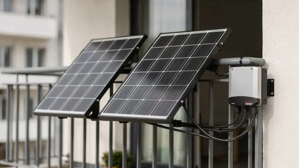 Balkonkraftwerk-Preistrend: Fallen die Preise weiter? Balkonkraftwerk auf einem Stadtbalkon mit Solarmodulen und Wechselrichter zum Preistrend