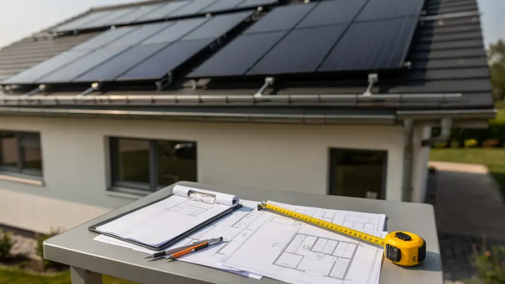 Solaranlage Größe berechnen: So finden Sie die passende PV-Anlagengröße für Ihren Haushalt Dach mit Solarmodulen und Planungsunterlagen zur Berechnung der Solaranlage-Größe für den Haushalt