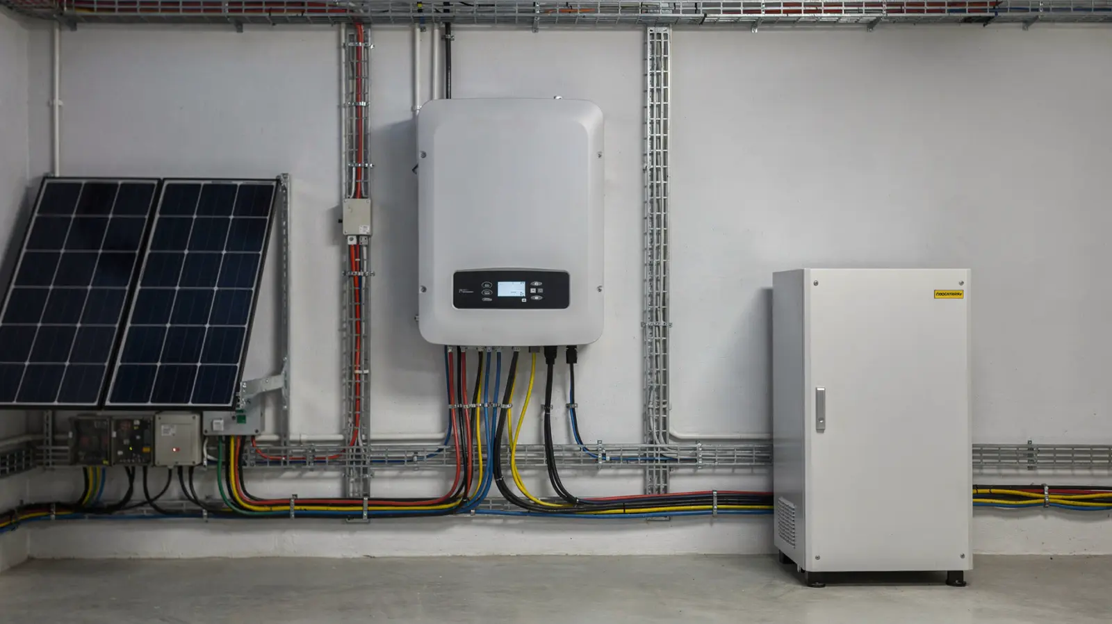 Wechselrichter, Solarmodule und Speicher in einer Technikraum-Installation zur Dimensionierung von Photovoltaik