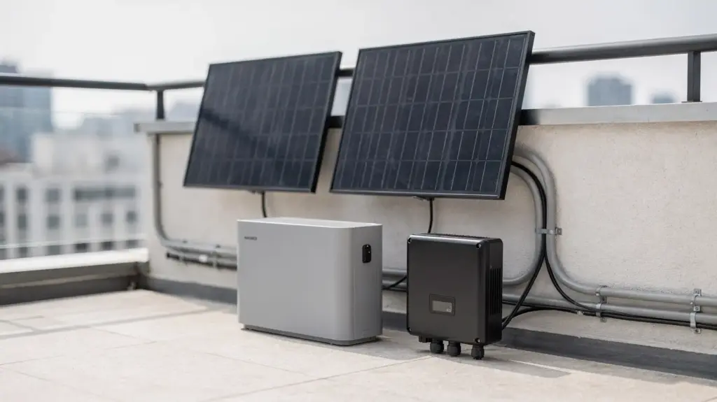 Balkonkraftwerk-Speicher Erfahrungen: Wie praxistauglich sind Speicher wirklich? Balkonkraftwerk-Speicher auf einem Balkon mit Solarmodulen und Batterieeinheit