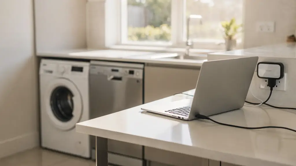 Stromverbrauch tagsüber: Welche Verbraucher sich am Tag lohnen Tagsüber laufende Haushaltsgeräte und ein Energiemonitor zum Stromverbrauch tagsüber