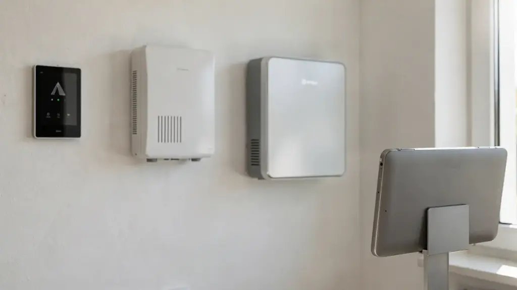 Energiemanagementsystem für PV: Rolle, Nutzen und Auswahl PV-Energiemanagementsystem mit Wechselrichter, Speicher und Steuergerät im Technikraum