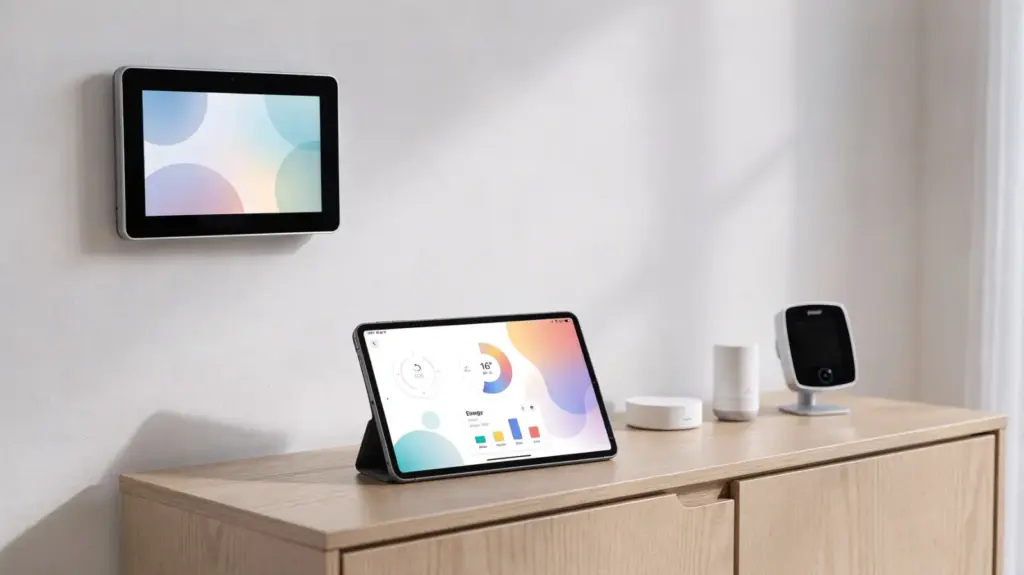 HEMS vs. Energiemonitoring: Unterschiede, Nutzen und Einsatz im Alltag HEMS und Energiemonitoring mit Energiemonitor, Tablet und Smart-Home-Geräten im Wohnraum