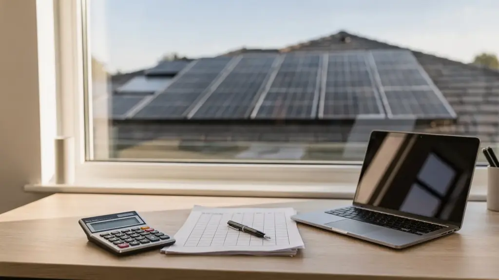 Solaranlage Rendite berechnen: So ermitteln Sie Rentabilität, ROI und Amortisation Solaranlage auf Hausdach mit Taschenrechner und Unterlagen zur Renditeberechnung für den Artikel