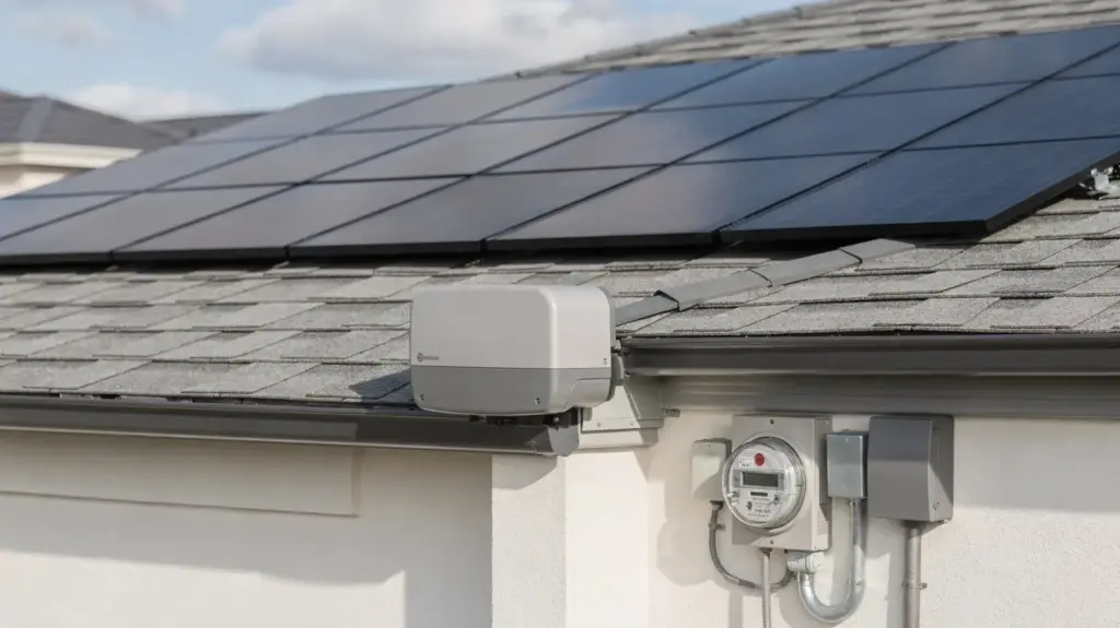 PV-Anmeldung 2025: Was sich ändert und was Sie beachten müssen Dach mit Solarmodulen, Wechselrichter und Stromzähler zur PV-Anmeldung 2025