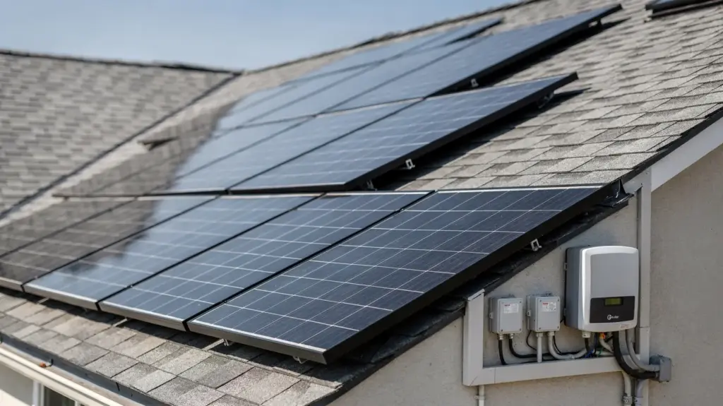 Solaranlage auf dem Dach mit Wechselrichter und Anschlussbereich zum Thema meldepflicht