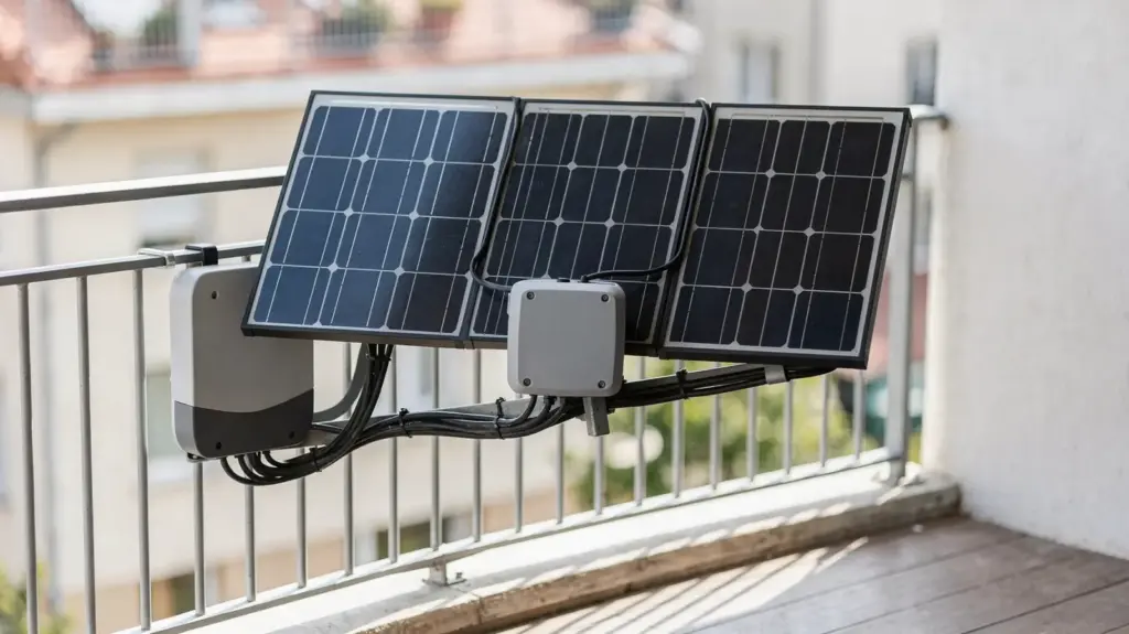 Balkonkraftwerk: Welche Regeln gelten aktuell in Deutschland? Balkonkraftwerk auf einem Wohnungsbalkon in Deutschland mit Solarmodulen und Wechselrichter.